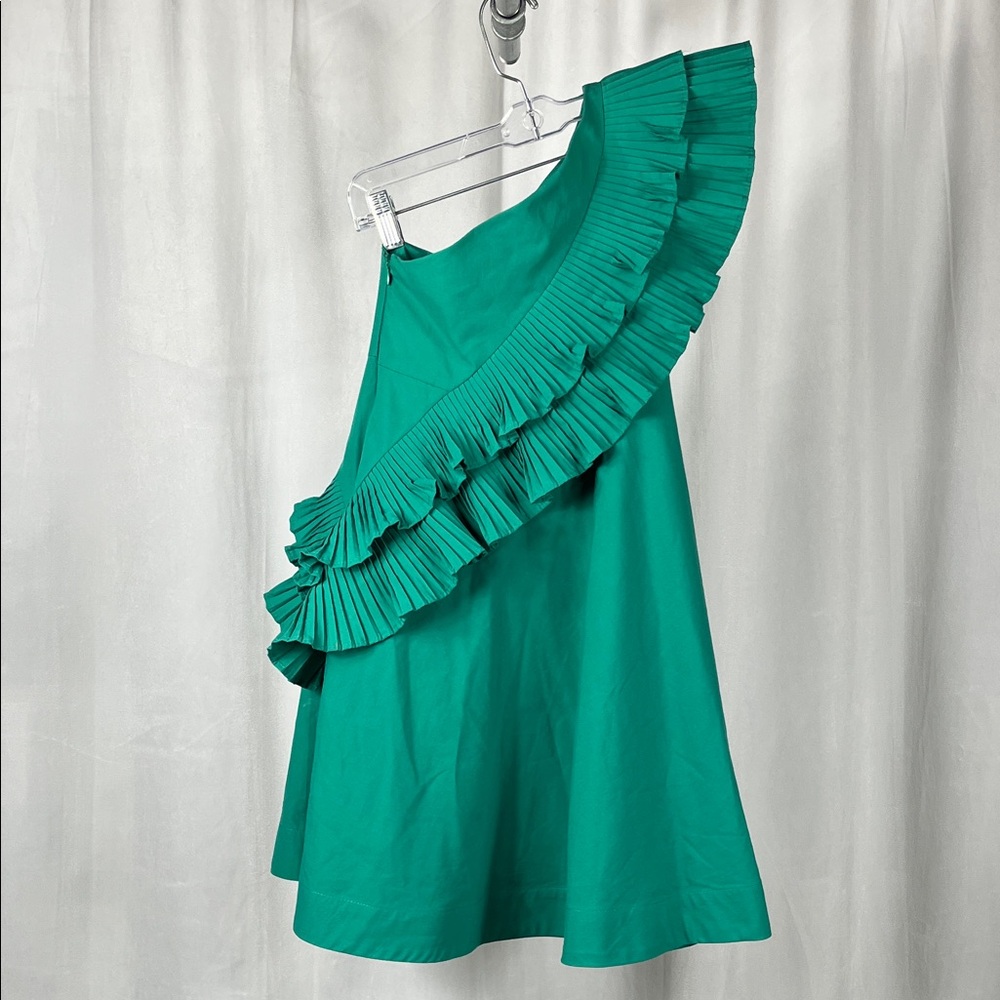 Mama Luma Ruffle Asymmetrical One Shoulder Dress in Green.